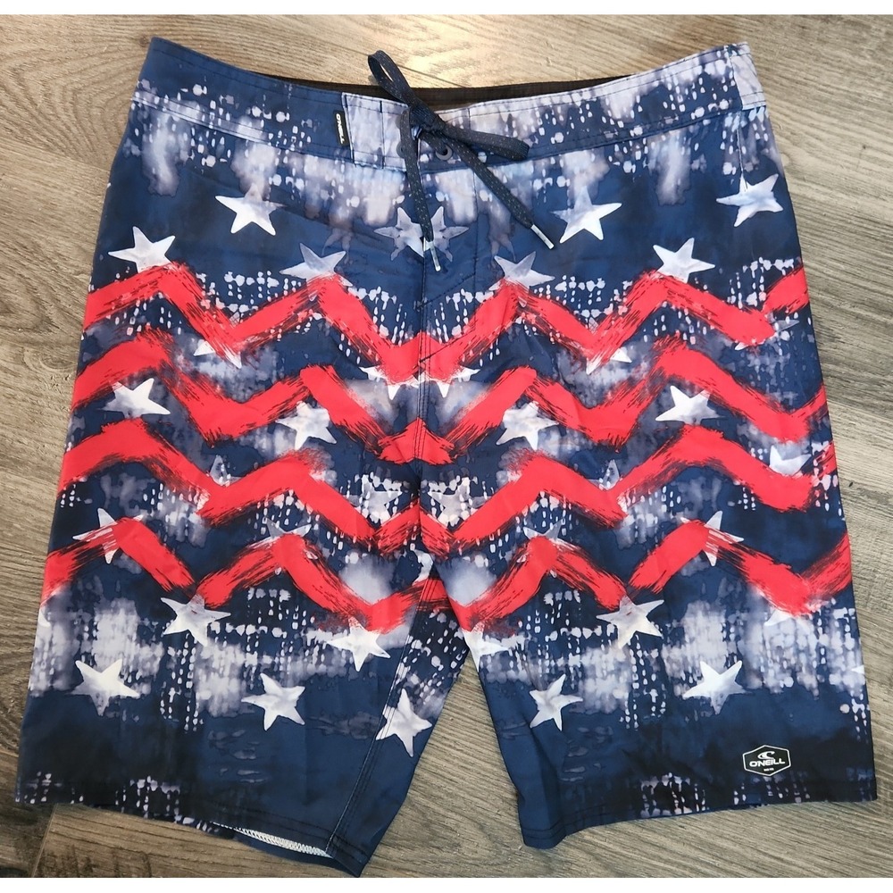 O'Neill Hyperfreak Patriotic Board Shorts Mens 32 Red Blue 10" Stretch July 4th